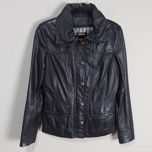 Danier Women Black Leather Jacket XS Zip Button Striped Removable Zip-out Lining